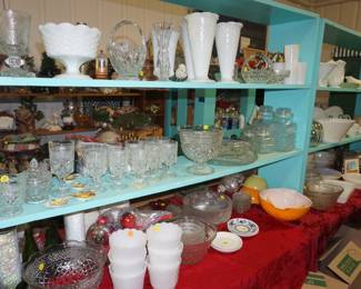 Milk glass, clear glass, Pyrex bowls, Fenton Vases