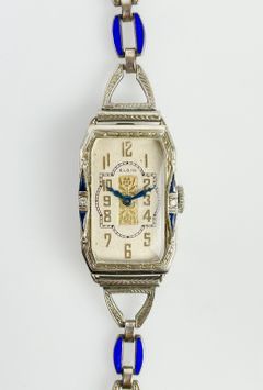 Fine 14K White Gold Elgin Art Deco Diamond Blue Sapphire & Enamel Band 15 Jewel Mechanical Ladies Wristwatch

