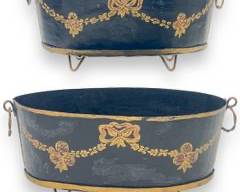 Pair Antique French Hand Painted Toleware Cache Pots

