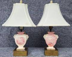 Pair Antique Transferware Porcelain Table Lamps on Brass Stands
