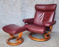 Ekornes Stressless Danish Mid Century Style Burgundy Leather Lounge Chair & Ottoman
