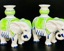 Vintage Pair Of Ceramic Figural Elephant Candle Holders, White, Blue And Green

