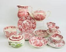 Collection Antique & VINTAGE STAFFORDSHIRE ENGLISH RED TRAnsFERWARE Decorative Dishes Tea pots Pitchers saucers cups and tureen
