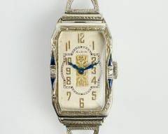 Fine 14K White Gold Elgin Art Deco Diamond Blue Sapphire & Enamel Band 15 Jewel Mechanical Ladies Wristwatch
