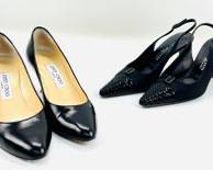 Authentic St. John Black Alicia Paillette Shimmer Embellished Slingback Heels And Jimmy Choo Black Leather Gilbert Pointed Black Leather Almond Toe Pumps Size
