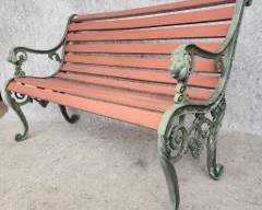 Vintage Aluminum and Wood Slat Bench with Lion Head Arms Garden Patio
