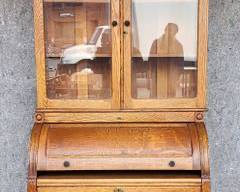 Fantastic Antique Hand Carved Glass Front Roll Top Secretary Desk Cabinet
