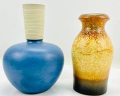 Vintage MCM Mid Century Modern Art Pottery Vase Scheurich 208-21, Decor Haro, Brown Scale Glaze, West German Ceramic Fat Lava And Blue And Studio Art Pottery Two Tone Vase
