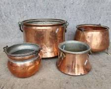 4 Fantastic Antique Copper Cauldron Buckets with Brass Handles Pots

