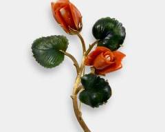 3" High Fine 14K Yellow Gold Coral & Jade Rose Flower Brooch
