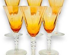 Set Of Six Vintage Amber Swirl Stemmed Goblet Glasses
