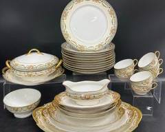 Fine Limoges Superieur China Dinner Plates, Lidded Tureen, Tea Cups, Serving Trays, Oval Platters, Bowl, and Gravy Bowl

