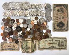$24.50 Clad US Coinage, Imperial Japanese Banknotes, & Assorted International Coin Collection
