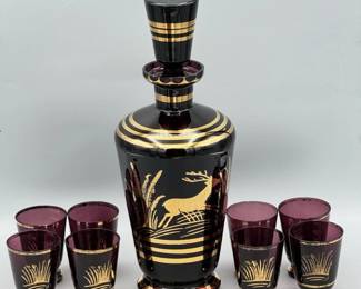 Mid-Century Amethyst Glass Decanter And Glasses Set
