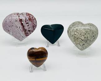 (4) Polished Heart Shaped Minerals
Tigers eye, obsidian, & more