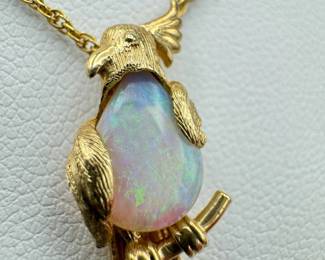 14k Opal Parrot Cockatoo Bird Pendant Charm Necklace

