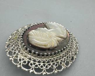 Vintage Cameo Brooch Sterling Silver Stamped KL
