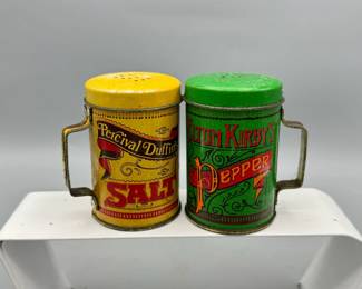 Elton Kirby & Percival Duffins Tin Salt And Pepper Shakers With Handles
