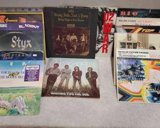 (14) Mega Bands Album Lot
Albums Include- The Cars : Good Times Roll, Genesis : Mama, Scorpions : Blackout, Styx : Equilox, SuperTramp : Paris, Moody Blues : Voices in the Sky, Crosby Stills Nash and Young : Dejan Vu, The Doors : Waiting for the Sun,  U2 : War, REO SpEquinox,: High Infidelity, Rolling Stones : Let it Bleed, ZZ Top : Eliminator, Cheap Trick : Dream Police, The Moody Blues : Days of Future Past (With the London Orchestra Festival). All sleeves have been checked and albums match the slips they are inside. 
