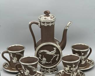 Chinese Chocolate Pot Set With Silver-Colored Overlay
