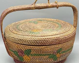 Vintage Handwoven Folk Art Basket With Floral Motif

