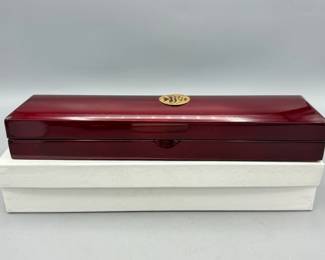 Chinese Lacquered Wood Pen Box With Gold Calligraphy Emblem
