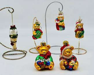 (6) Cats & Bears Blown Mold Christmas Ornaments
