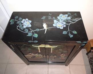 Asian Black Lacquered 2 Door Cabinet W/ Hardstone Figures