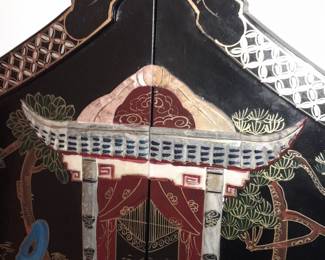 Hanging Black Lacquered Asian Motif Headboard W/ Hardstone Elements