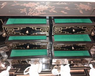 STUNNING Black Lacquered Asian Motif Desk W/ Gold Painted Details & Hardstone Figures