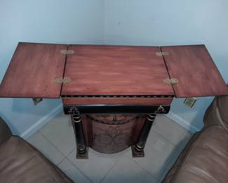 Brown Single Door Cabinet W/ Black & Gold Painted Details & Expanding Top