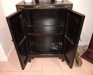 Black Lacquered Asian Motif 2 Door Cabinet