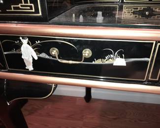 STUNNING Black Lacquered Asian Motif Desk W/ Gold Painted Details & Hardstone Figures