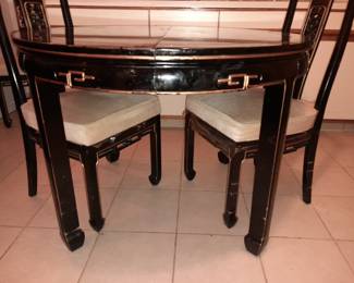Black & Gold Asian Style Round Dining Table W/ Chairs