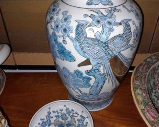 Asian Blue, white, & Gold Bird Vase W/ Plate
