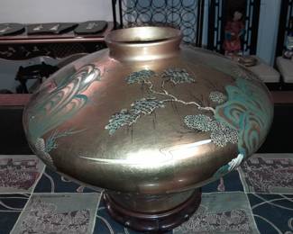 Oversized Gold Painted Asian Motif Vase/Bowl