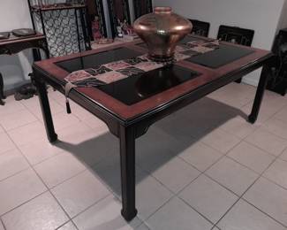 Black & Brown Glass Top Asian Style Dining Room Table & Chairs