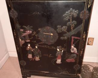 Black Lacquered Asian Motif 2 Door Cabinet