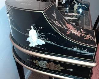 STUNNING Black Lacquered Asian Motif Desk W/ Gold Painted Details & Hardstone Figures