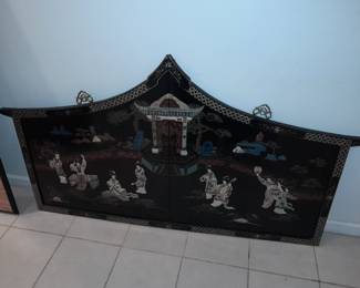 Hanging Black Lacquered Asian Motif Headboard W/ Hardstone Elements