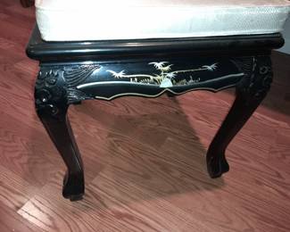 STUNNING Black Lacquered Asian Motif Desk W/ Gold Painted Details & Hardstone Figures