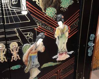Asian Black Lacquered 2 Door Cabinet W/ Hardstone Figures