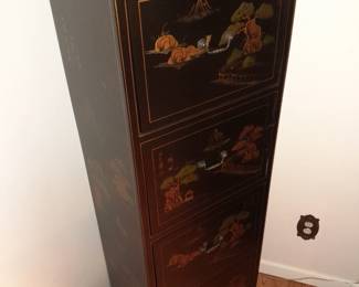 Tall Black Lacquered Asian Motif Dresser