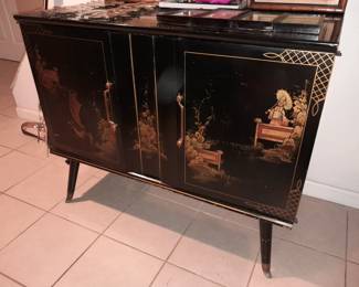 2 Door Black & Gold Asian Motif Cabinet