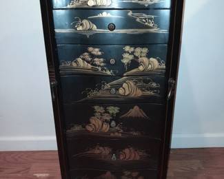 Black Lacquered Asian Jewelry Chest Of Drawers Cabinet W/ Gold Details