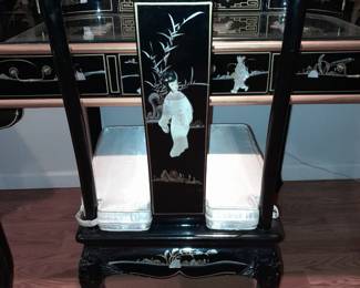 STUNNING Black Lacquered Asian Motif Desk W/ Gold Painted Details & Hardstone Figures