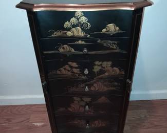 Black Lacquered Asian Jewelry Chest Of Drawers Cabinet W/ Gold Details