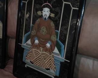 Framed Asian Motif Wall Art W/ Brass Hanger