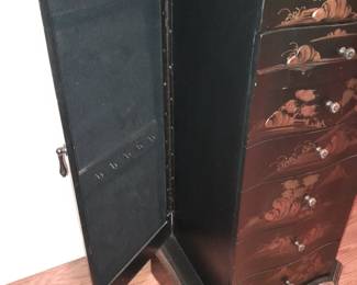 Black Lacquered Asian Jewelry Chest Of Drawers Cabinet W/ Gold Details