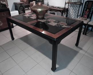 Black & Brown Glass Top Asian Style Dining Room Table & Chairs